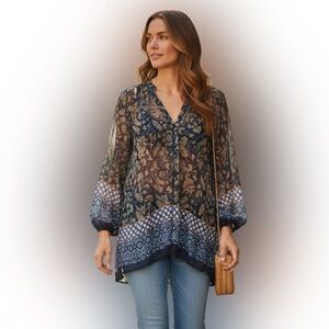 PerSeption Concept Navy and Beige Floral Blouse